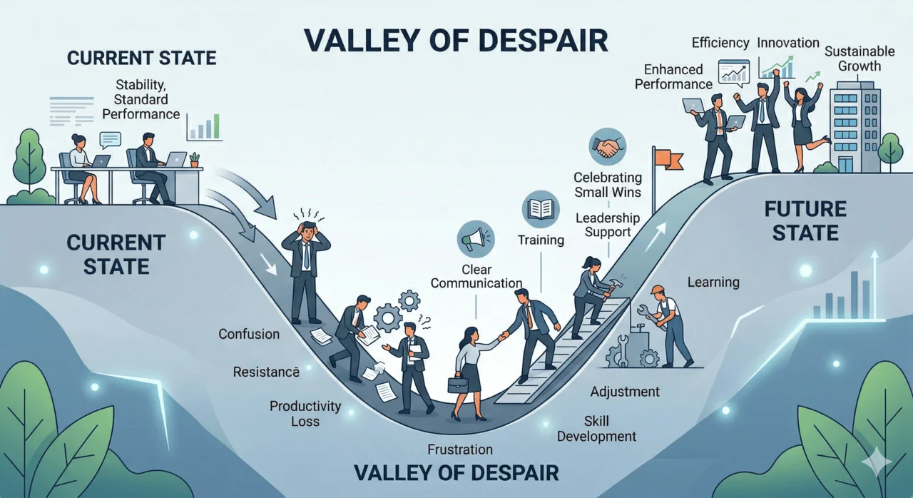 The Valley of Despair curve showing stages: Certainty, Chaos, Caution, Confidence, Competence