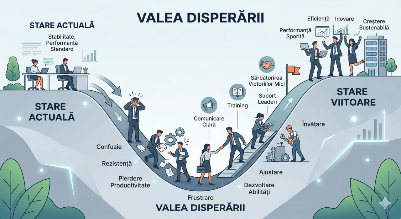 Curba Valea Disperării cu etapele: Certitudine, Haos, Precauție, Încredere, Competență