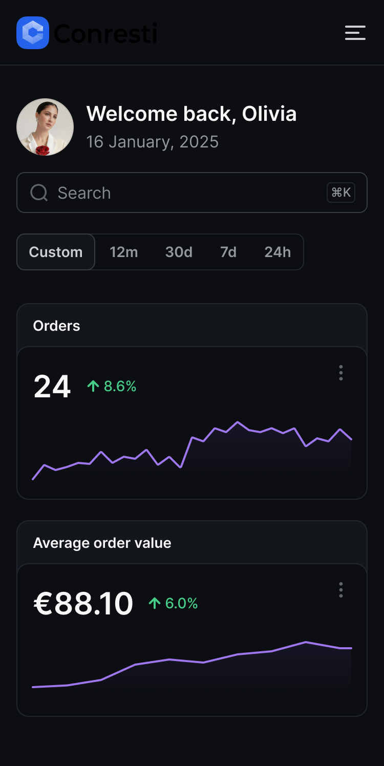 Conresti Mobile Dashboard showing data analytics interface